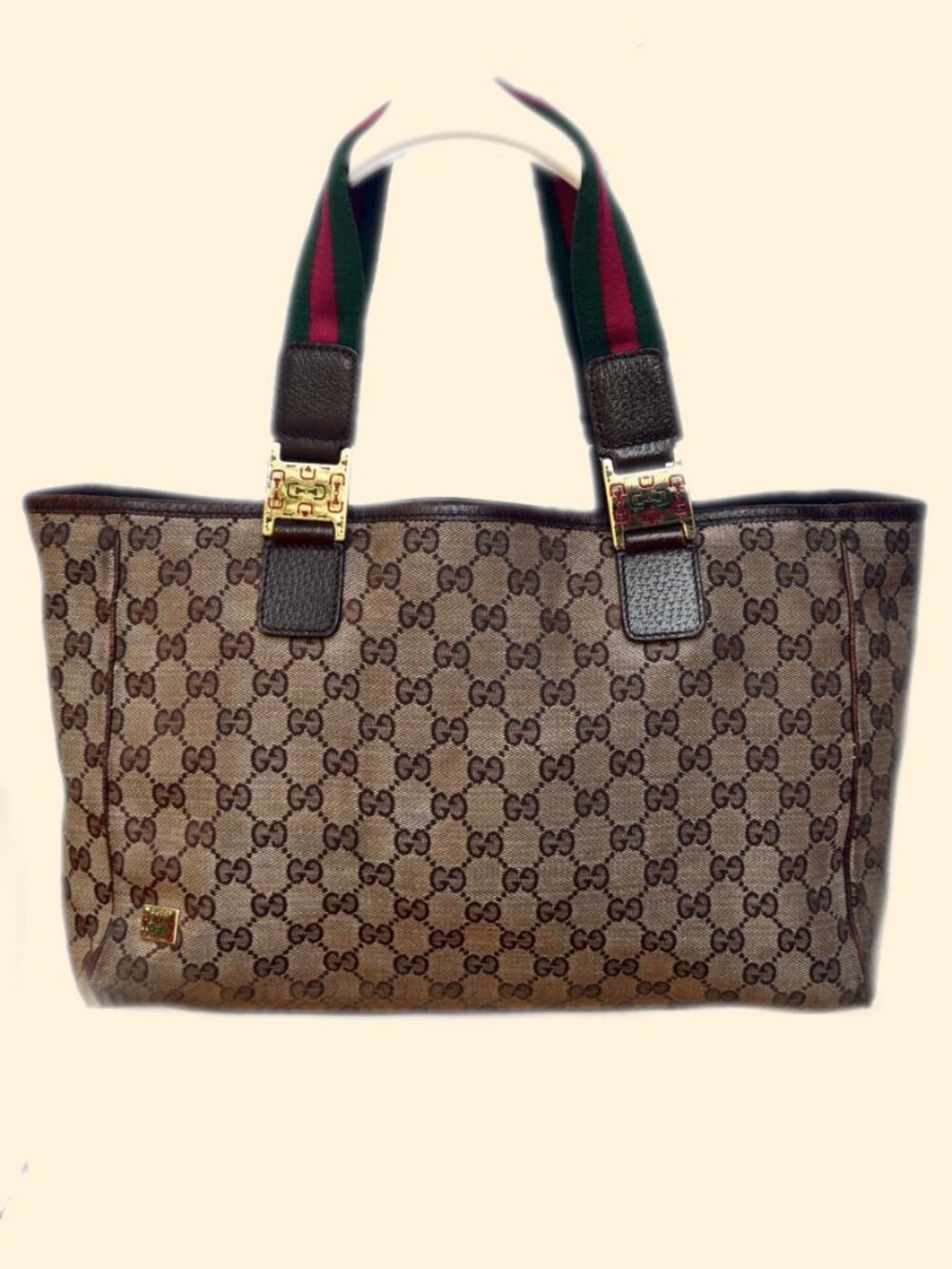 Gucci GG Canvas Web Stripe Tote Bag Vintage Brown Monogram Italy - Picture 4 of 16
